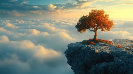 lone tree on a cliff against a backdrop of clouds and sky symbolizing resilience and solitude.create by F.a