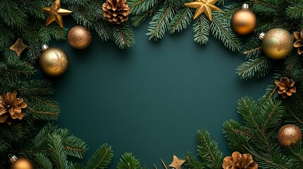 Wall Mural - Festive Christmas border with golden ornaments, pine cones, and fir branches framing a deep green background, perfect for holiday designs.