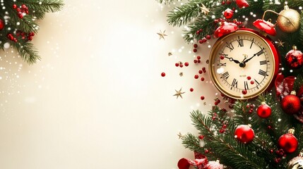 Wall Mural - Festive Christmas composition with vintage clock showing midnight, pine branches, red ornaments, and golden stars on light background.