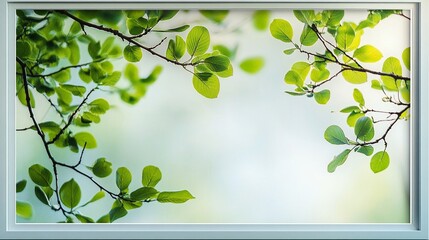 Fresh green leaves frame a soft, blurred background, creating a natural window effect. The delicate foliage brings a sense of spring renewal and tranquility to the scene.