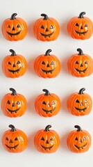 Rows of cheerful jack-o'-lantern decorations grin mischievously, their bright orange faces and carved expressions capturing the playful spirit of Halloween.