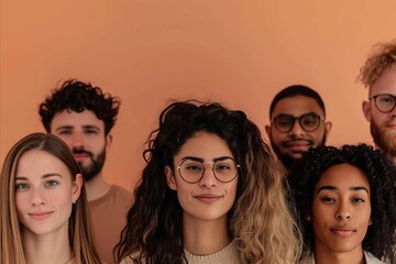 Canvas Print - Group of multiethnic young people looking at camera, isolated on beige