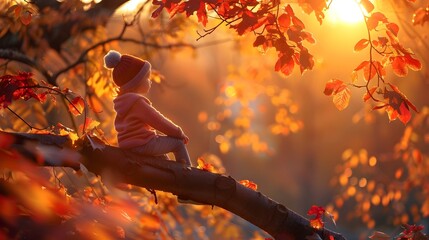 Wall Mural - Autumn Enchantment A Child Sits Amidst Vibrant Fall Foliage Bathed in Warm Sunlight