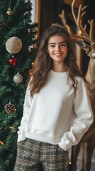 Wall Mural - Festive holiday scene with young woman in white sweater and plaid pants standing by decorated Christmas tree and reindeer decor, exuding warmth and cheer.