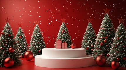 Wall Mural - festive christmas scene with snow-dusted pine trees surrounding a white podium, red ornaments, and g