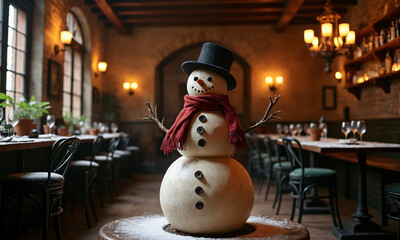 Charming snowman decoration with scarf and hat in cozy restaurant interior for winter festivities