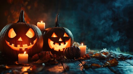Wall Mural - halloween pumpkins with candles on dark background