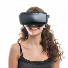 Wall Mural - Young smiling woman portrait, working in vr glasses headset, isolated over white background