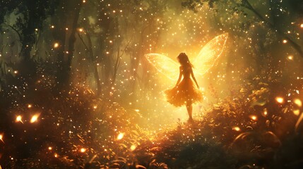 Fototapete - A glowing fairy in a mystical forest, surrounded by sparkling fireflies.

