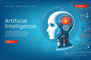 AI technology landing page template with chip processor. Robot head profile with microchip and neural network. Artificial intelligence web page layout. Perfect for website, promo. Vector illustration.