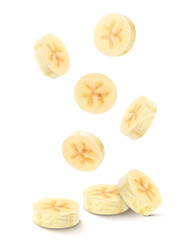 Wall Mural - falling sliced banana isolated on transparent background. ripe peeled circular pieces of yellow bana