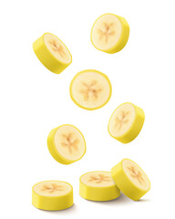 Wall Mural - falling sliced banana isolated on transparent background. ripe unpeeled circular pieces of yellow ba