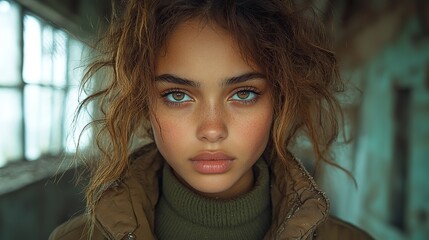 Wall Mural - portrait of sad mixed race teenager girl standing indoors in abandoned building.stock image