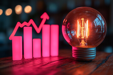 Light bulb and a growth chart with an arrow pointing up. The cost of electricity in the markets of the world. Copy space.