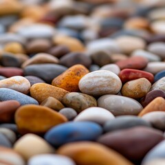 Colorful pebbles and stones on the ground, close-up view.