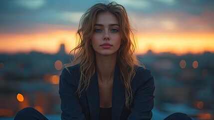 Wall Mural - professional business woman in formal suit sitting on rooftop in city meditation seeking relaxation and tranquility amidst the urban chaos contrast between her peaceful demeanor and the city life