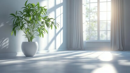 Canvas Print - white room featuring a plant on one side conveying tranquility and balance designed without text to emphasize the calming and minimalist aesthetic of the space