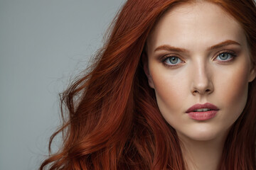 beautiful modern woman with red hair, close-up showcasing beauty and cosmetics