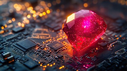 ruby on rails programming concept,a ruby stone placed on a microchip symbolizing the integration of the ruby programming language,technology.illustration