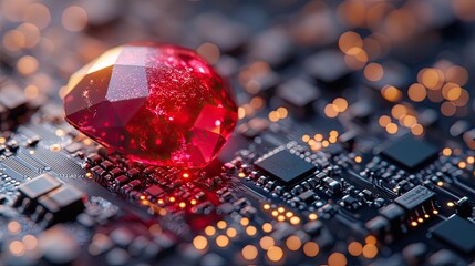 ruby on rails programming concept,a ruby stone placed on a microchip symbolizing the integration of the ruby programming language,technology.stock image