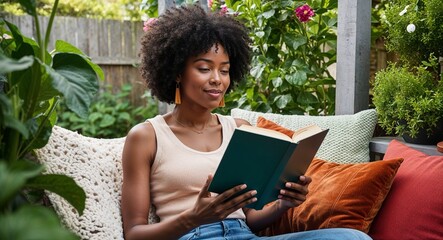 Wall Mural - Relaxed Black girl reading in a cozy nook in her garden