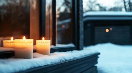 Poster - Three lit candles placed on a snow-covered windowsill, with the reflection of a winter scene and a blurred background of a snowy outdoor landscape.