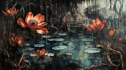 Poster - Dark Forest Pond with Red Water Lilies - Mystical Nature Painting