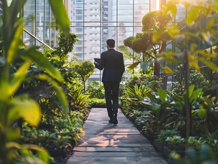 Poster - Businessman Analyzing Sustainability Data in Urban Garden Blending Technology and Nature