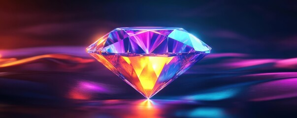 A glowing neon diamond hovering in a dark void, surrounded by vivid hues of purple, orange, and blue, digital artwork, empty space for advertising