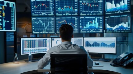 Poster - Businessman Analyzing Market Data on Multiple Screens in Sleek Office