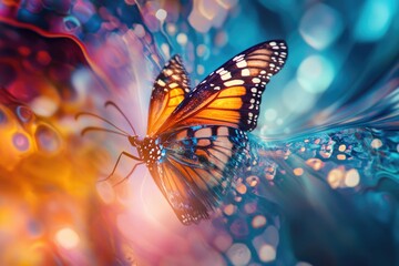 Canvas Print - A butterfly sits on a colorful flower, surrounded by green leaves.