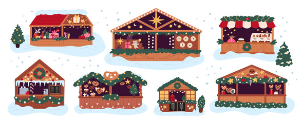 Cartoon Christmas market stalls. Holiday fair stands and shops. Xmas wooden houses with sweets souvenirs and decorations. Gifts selling kiosks. Pastry street stores. Garish vector set