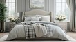 © Fakhri Afrasiyabov - Modern light gray romantic bedroom with a window, flowers, a horizontal poster under the bed with plaid and cushions. frontal view. 3D model