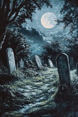 Poster - A quiet and peaceful scene of a cemetery at night under a full moon.