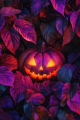 Wall Mural - A decorative pumpkin lit up with a warm glow surrounded by lush purple leaves, perfect for autumn or Halloween-themed designs.