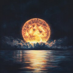 Wall Mural - full moon rising above the surface of calm water.