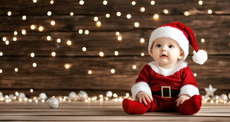 A cute baby joyfully dressed in a Santa Claus costume sits amid twinkling Christmas lights and decorations, creating a warm festive atmosphere perfect for holiday celebrations.