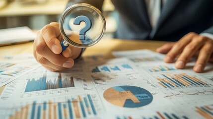 Leinwandbilder - A business professional examines data charts through a magnifying glass, highlighting a question mark, symbolizing inquiry and analysis.