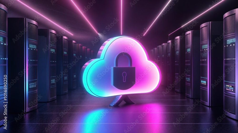 Cloud security icon with a lock symbol in futuristic data server room ...