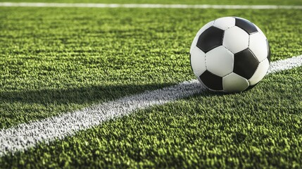 A soccer ball resting on a green field with white lines, plenty of space for text in the background