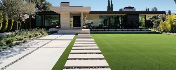 Wall Mural - Pale olive artificial turf enhancing the front of a sleek, modern home with a minimalist concrete walkway