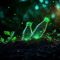 two green plastic bottles among soil with young plants, depicting environmental pollution and sustai