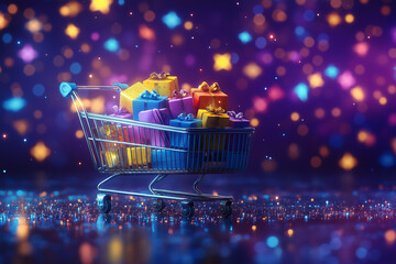 Modern style 3D rendering of a shopping cart filled with many gifts, set against a purple background with stars