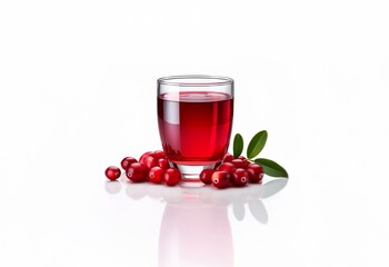 Aufkleber - A glass of cranberry juice sits on a white surface with fresh cranberries and a green sprig next to it.