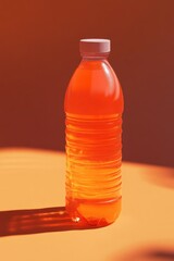 Sticker - A glass bottle filled with orange juice sitting on a table.