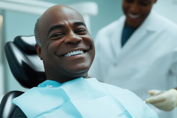 Sticker - A person brushing their teeth while sitting in a chair, great for dentist or hygiene related concepts.