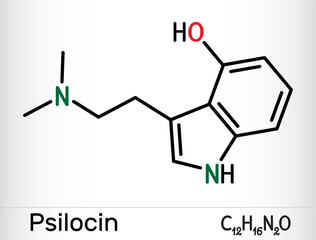 Sticker - Psilocin molecule. Psychoactive compound in certain species of mushrooms. Skeletal chemical formula. Vector