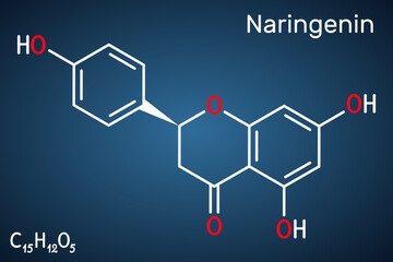 Poster - Naringenin molecule. A flavonoid found in citrus fruits with antioxidant and anti-inflammatory properties. Dark blue background Vector