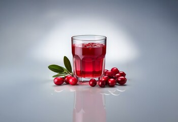 Wall Mural - A glass of red juice sits on a grey surface with fresh cranberries and a single green leaf.