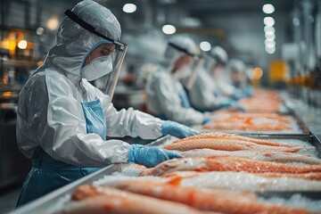 Workers in protective gear handling freshly caught fish on a cold processing floor, with a busy manufacturing facility in the background